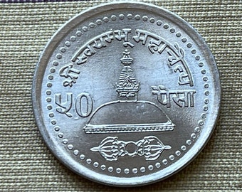 Nepal 50 Paisa Coin: Swayambhunath Stupa, Royal Crown - Craft & Jewelry Making