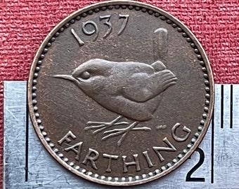 Eurasian Wren & King George VI 1 Farthing Great Britain Authentic Coin Money for Jewelry and Craft Making
