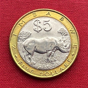 Black Rhinoceros & Great Zimbabwe Bird 5 Dollars Zimbabwe Authentic Coin Money for Jewelry and Craft Making (Bimetallic)