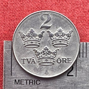 Three Crowns 2 Öre & Crowned GGV Monogram (King Gustaf V) Sweden Authentic Coin Money for Jewelry (Iron Coin) (Kalmar Union)