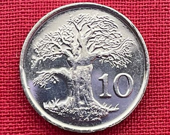 Zimbabwe 10 Cents Coin: Baobab Tree & Zimbabwe Bird Charm