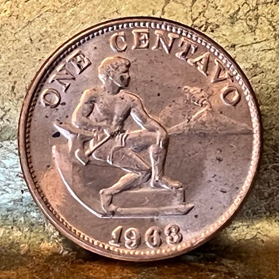 Philippines 1 Centavo Coin: Hammering Man, Mayon Volcano - Craft