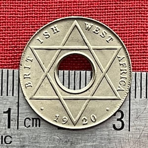 Hexagram Star & George V Crown with Hole 1/10th Penny British West Africa Authentic Coin Money for Jewelry (King George) (Six-Pointed Star)