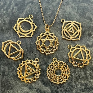 Puede incluir: Siete amuletos de metal de color dorado, cada uno representando un símbolo de chakra diferente. Los amuletos están dispuestos en círculo sobre un fondo gris.