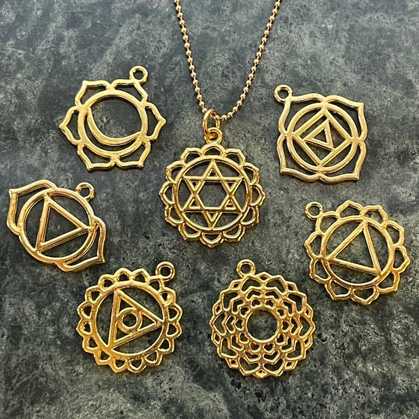 Chakra Charm, Pendant, Set, Ball Chain Necklace – gold-plated, silver-plated – crown, third eye, throat, heart, solar plexus, sacrum, root