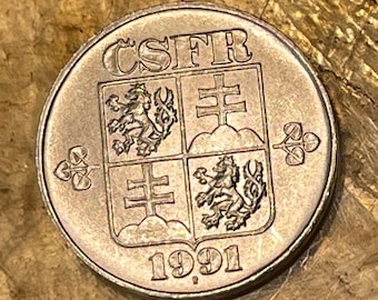Bohemian Lion & Slovak Double-Cross from Hyphen War Era 10 Haleru Czech and Slovak Federative Republic Authentic Coin Money for Jewelry CSFR