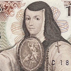 Poet Sor Juana Inés de la Cruz & Church of Santo Domingo 1000 Pesos Mexico Authentic Banknote Money for Jewelry and Collage (Tenth Muse)