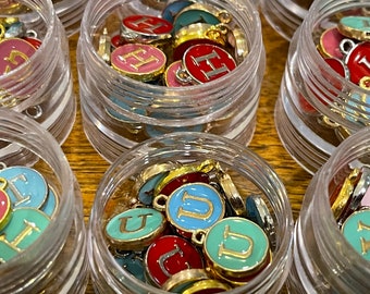 Letter charms–choose black, white, blue, pink, red, yellow, purple or green. Spell name, initials (double sided enamel alphabet jewelry)