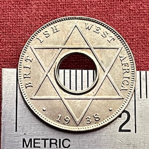 Hexagram Star & George VI Crown with Hole 1/10th Penny British West Africa Authentic Coin Money for Jewelry (King George VI) 6-Pointed Star