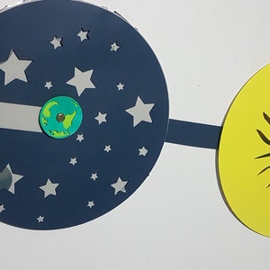 May include: A blue circle with white stars and a small green globe, connected to a yellow circle with a black sun.