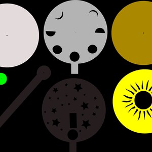 May include: A set of six colorful, round, paper craft shapes. The shapes include a white circle, a gray circle with black crescent moons and stars, a brown circle, a yellow circle with a black sun, and two small circles, one blue and one green.