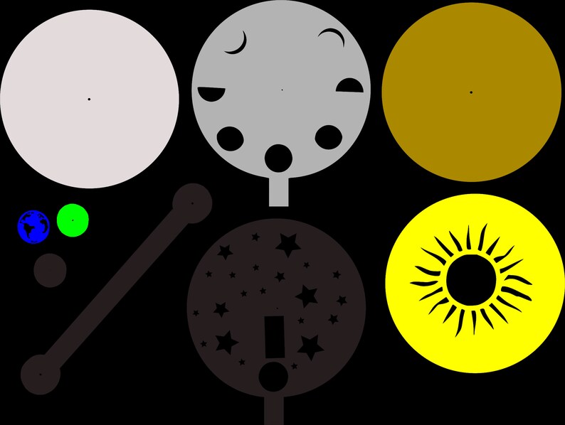 May include: A set of six colorful, round, paper craft shapes. The shapes include a white circle, a gray circle with black crescent moons and stars, a brown circle, a yellow circle with a black sun, and two small circles, one blue and one green.