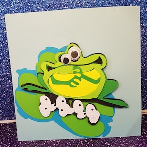 Pode incluir: Um sapo verde com olhos saltitantes senta-se em um l&iacute;rio d'&aacute;gua verde com bolinhas brancas. O sapo est&aacute; sorrindo e tem os bra&ccedil;os cruzados. O l&iacute;rio d'&aacute;gua est&aacute; em um fundo azul.