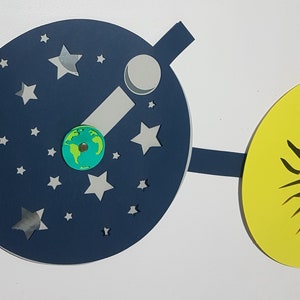 May include: A blue paper plate with a white paper moon, a small green paper Earth, and silver stars. A yellow paper plate with a black paper sun is attached to the blue plate with a black paper strip.