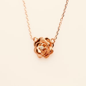14k Solid Gold Rose Diamond  Necklace, Gift For Her, 14k Flower Diamond Necklace