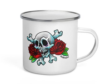 Skull & Rose Enamel Mug - Tattoo Style Art Printed Coffee or Tea Cup - Hot or Cold Beverage Camping To Go Glass