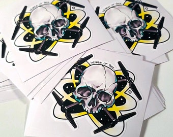 3" x 2.5" Drone Skull Atomic Sticker - Die Cut Water Proof Quad RC UAV Decal - Sean Ozz