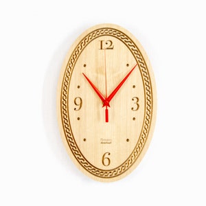 Ash Wood Oval Wall Clock: Scandinavian Ornament, Red Hands