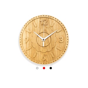 Round wood clock with raised numerals, natural oak wooden wall clock made of solid wood, wall art clock