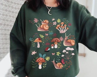 Snail and Mushroom Sweatshirt Cottagecore Clothing Cottage Core Clothes Goblincore Crewneck Snail Lover Gift Fairycore Sweater Snail Gifts