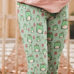 Kawaii Frog and Mushroom Leggings Cottagecore Clothing Goblincore Forestcore Aesthetic Tights Cottage Core Clothes Mori Kei Mori Girl