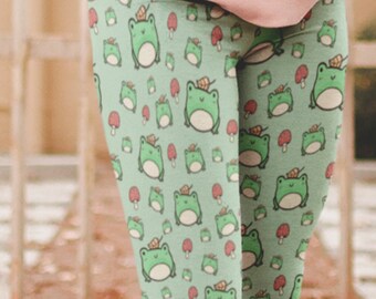 Leginsy Kawaii Frog and Mushroom Cottagecore Odzież Goblincore Forestcore Estetyczne rajstopy Cottage Core Odzież Mori Kei Mori Girl