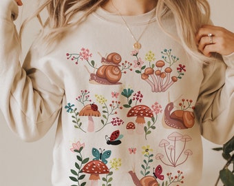 Snail and Mushroom Sweatshirt Cottagecore Clothing Cottage Core Clothes Goblincore Crewneck Snail Lover Gift Fairycore Sweater Snail Gifts
