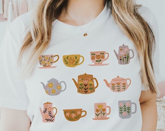 Tea Kettle Shirt Cottagecore Clothing Cottage Core Clothes Tea Lover Shirt Botanical Tshirt Flower Tee Floral Shirt Boho Aesthetic Shirt