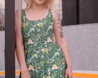 Boho dinosaurusjurk Skaterjurk Jurk met dinoprint Stegosaurus Triceratops Bronotosaurus Girly dinosaurus Kidcore-kleding Paleontologiejurk