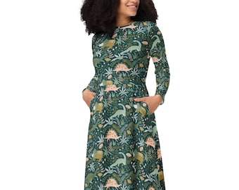 Lange mouw boho dinosaurus midi-jurk dino print jurk Stegosaurus triceratops bronotosaurus girly dinosaurus jurk paleontologie jurk