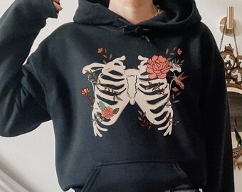 Skeleton Hoodie Flowers Dark Cottagecore Hoodie Aesthetic Clothes Cottage Core Clothing Goth Hoodie Gothic Hoodie Witchy Hoodie Witch Hoodie