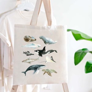 Marine Life Tote Bag Ocean Animal Bag Sea Turtle Bag Manatee Bag Penguin Bag Whale Bag Marine Biology Gift Aesthetic Animal Conservation