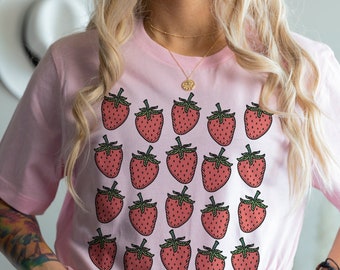Strawberry Print Shirt Cottagecore Clothing Strawberry TShirt Strawberry Top Kawaii Cottage Core Indie Aesthetic Clothes Botanical Shirt
