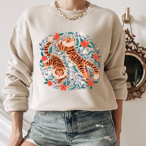Tiger Print Sweatshirt Cottage Core Clothes Cottagecore Clothing Botanical Crewneck Tiger Lover Gift Scandinavian Sweater Folk Art Shirt