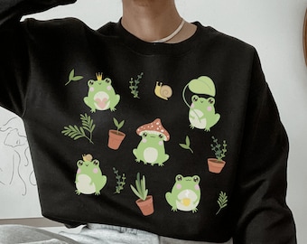 Cute Frog Sweatshirt Kawaii Frog Crewneck Cottagecore Clothes Goblincore Clothing Froggy Sweatshirt Aesthetic Crewneck Frog Sweater