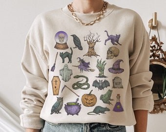 Vintage Halloween-tröja, dödskalle, läskig tröja, häxtröja, läskig höst, rund hals, estetiska kläder, gotisk häxtröja