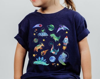 Camiseta infantil de dinossauro espacial, camiseta infantil de dinossauro, roupas de paleontologia, camiseta Trex, roupas de dinossauro, astronauta, sistema solar, planeta