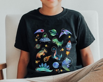 Camiseta de dinossauro espacial juvenil Camiseta infantil Dino Camiseta estética Roupas Paleontologia Camiseta Trex Roupas de dinossauro Astronauta Sistema solar Planeta