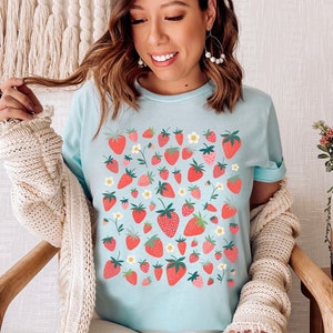 Strawberry Shirt Kawaii Shirt Aesthetic Clothes Cottagecore Shirt Botanical Shirt Cottage Core Clothing Cute Fruit Shirt Strawberry Top