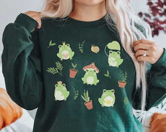 Cute Frog Sweatshirt Kawaii Frog Crewneck Cottagecore Clothes Goblincore Clothing Froggy Sweatshirt Aesthetic Crewneck Frog Sweater