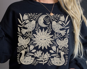 Sun and Moon Sweatshirt Butterfly Crewneck Bird Sweater Celestial Shirt Cottagecore Clothing Dark Academia Boho Top Cottage Core Aesthetic