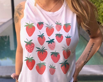 Strawberry Muscle Tank Strawberry Print Top Cottagecore Clothing Cottage Core Shirt Coconut Girl Aesthetic Summer Tanks Botanical Shirt