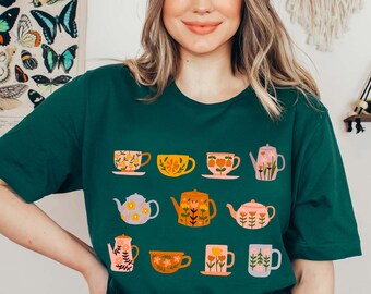 Tea Kettle Shirt Cottagecore Clothing Cottage Core Clothes Tea Lover Shirt Botanical Tshirt Flower Tee Floral Shirt Boho Aesthetic Shirt