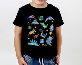 Camiseta infantil de dinossauro espacial, camiseta infantil de dinossauro, roupas de paleontologia, camiseta Trex, roupas de dinossauro, astronauta, sistema solar, planeta