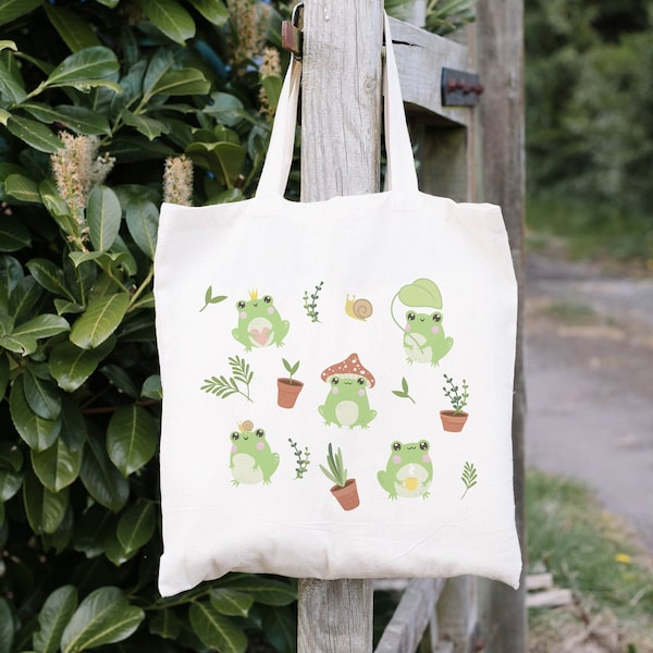 Garden Frog Tote Bag Cute Frog Tote Cottagecore Bag Goblincore Bag Aesthetic Trendy Tote Bag Reusable Bag Forestcore Bag Kawaii Market Bag