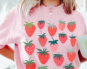 Comfort Colors Strawberry Shirt Cottagecore Clothing Boho Clothing Kawaii Fruit Shirt Botanical Shirt Aesthetic Clothes Cottage Core Shirt