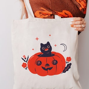 Black Cat Tote Bag Halloween Tote Bag Witch Tote Witchy Tote Bag Halloween Gift Cottagecore Halloween Jack o Lantern Tote Bag Pumpkin Tote