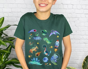 Camiseta de dinossauro espacial juvenil Camiseta infantil Dino Camiseta estética Roupas Paleontologia Camiseta Trex Roupas de dinossauro Astronauta Sistema solar Planeta
