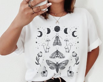 Camicia Magica Falena Camicia Celeste Moon Phases Shirt Fungo T Shirt Mystical Shirt Crystal Shirt Cottagecore Shirt Goblincore Abbigliamento