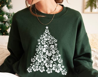 Hawaiian Christmas Sweatshirt Hawaii Christmas Shirt Mele Kalikimaka Tropical Christmas Beach Hibiscus Flower Sweater Hawaiian Gifts